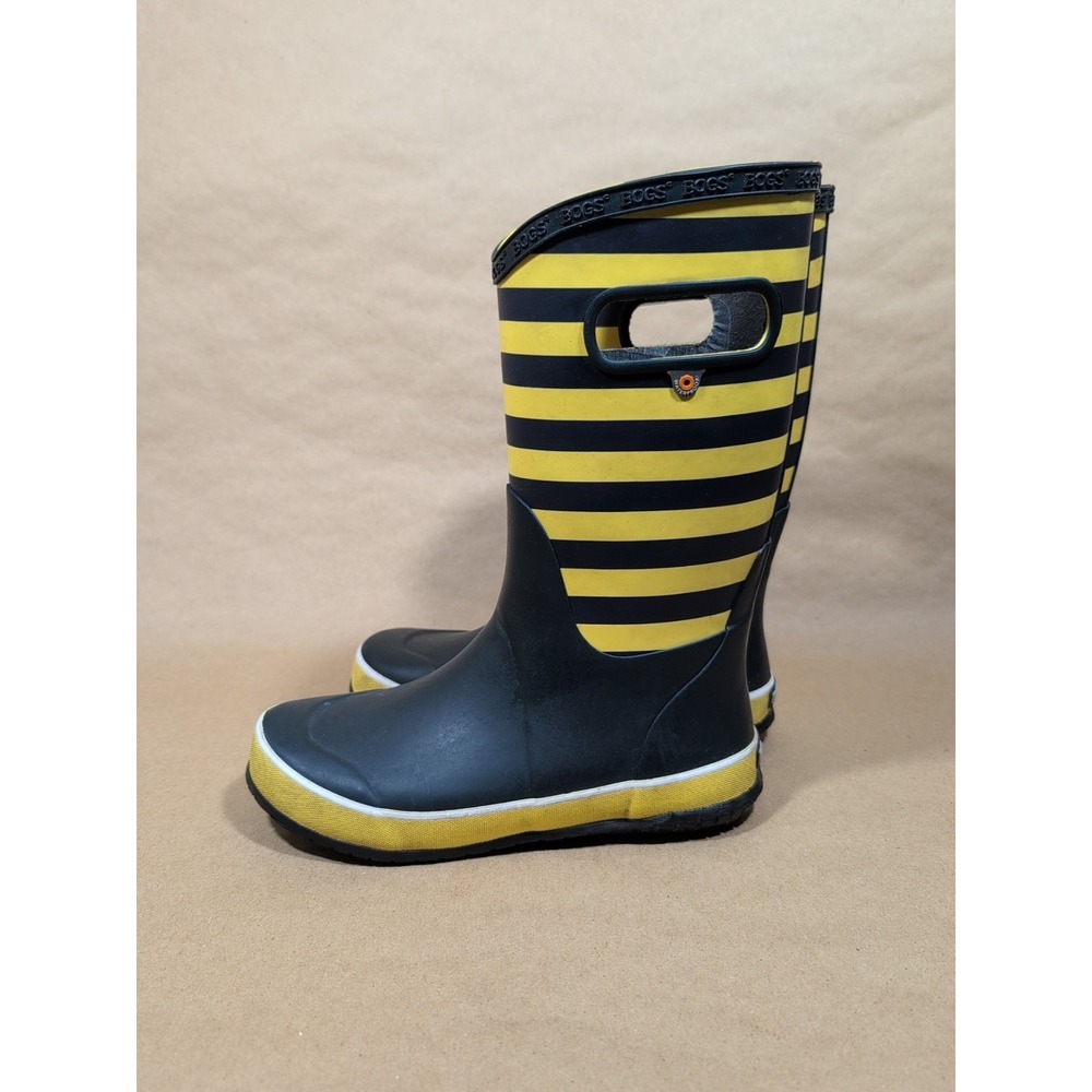 Bogs Kids Youth 4‎ Rain Boots Pull On Rugby Yellow Navy Stripe Waterproof - Picture 4 of 7